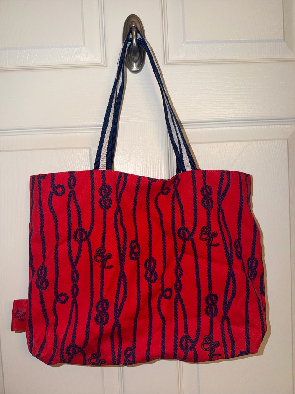 Red Navy Nautical Rope Print Tote Bag Preppy Coastal Beach Shoulder Bag